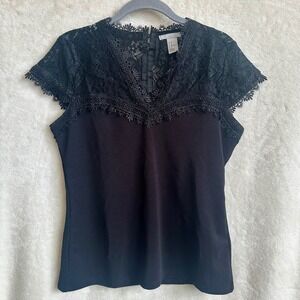 H&M Womens Black Lace Yoke Short Sleeve V‎ Trim Cap Sleeve Top Blouse M